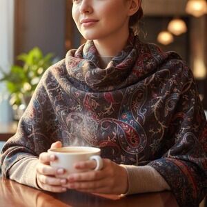 100% Pashmina Paisley Shawl Wrap Scarf Multicolor Fringed Oversized Teal